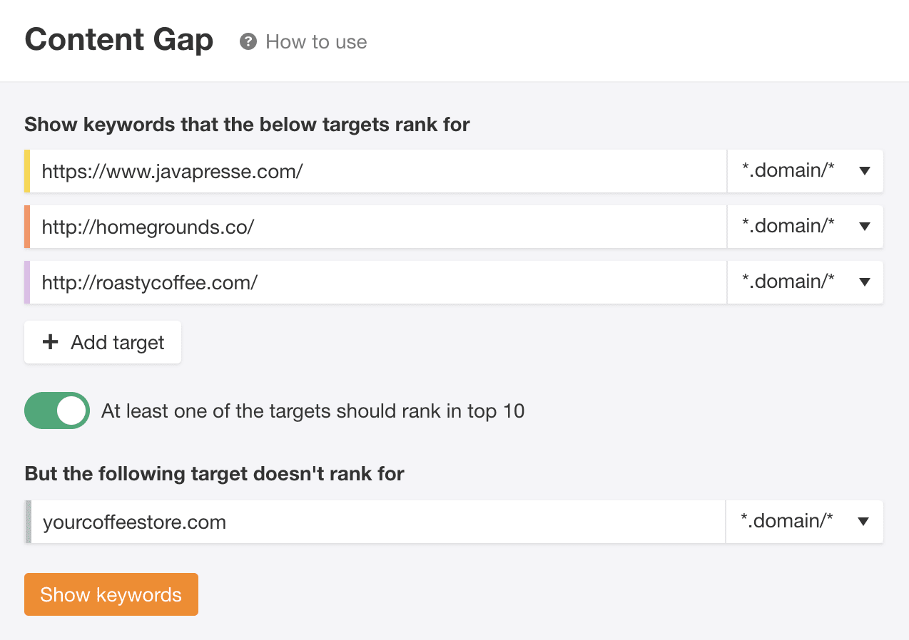 Content Gap tool, via Ahrefs' Site Explorer